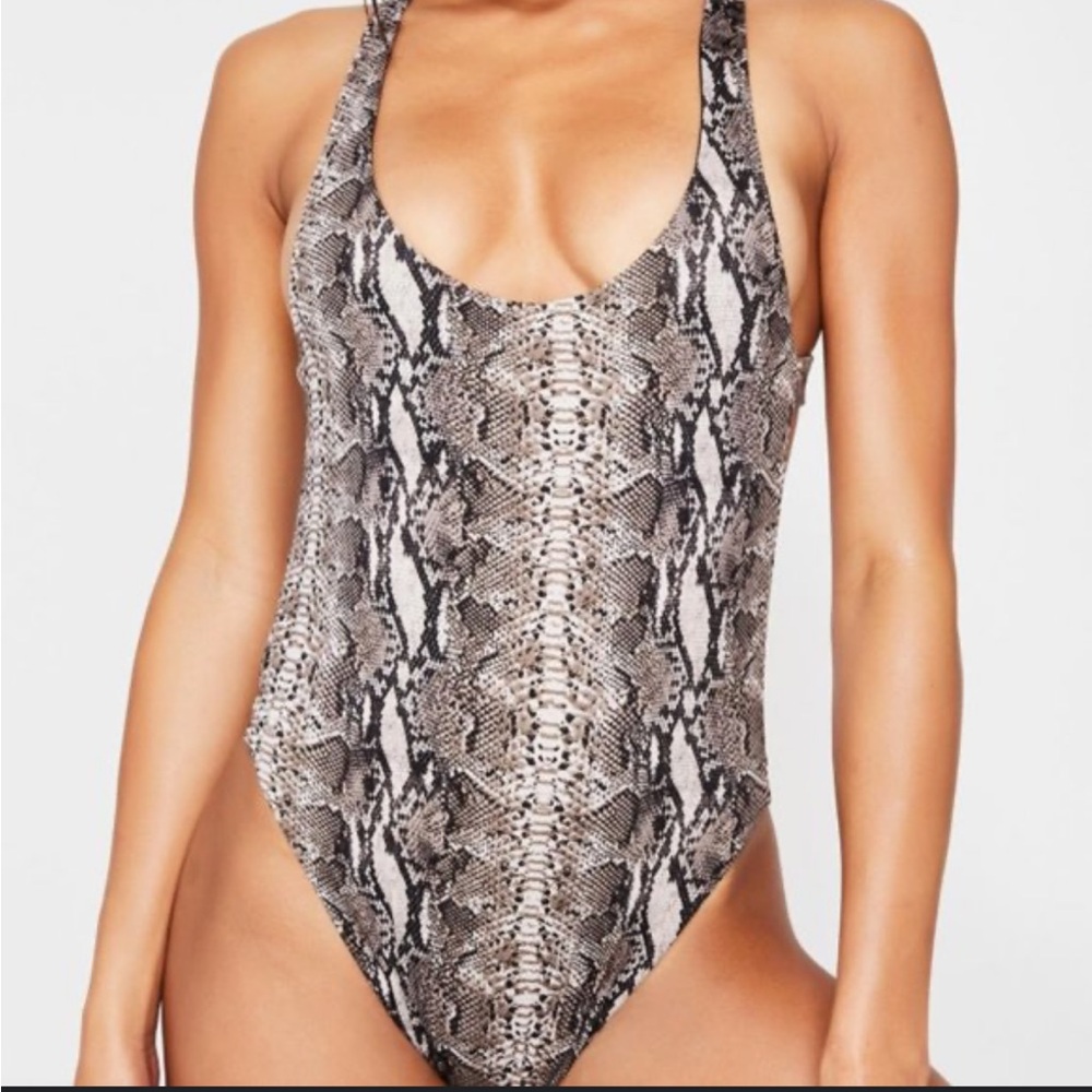 Frankie's Bikinis Snake Print One-Piece Swimsuit in Black, White, Brown